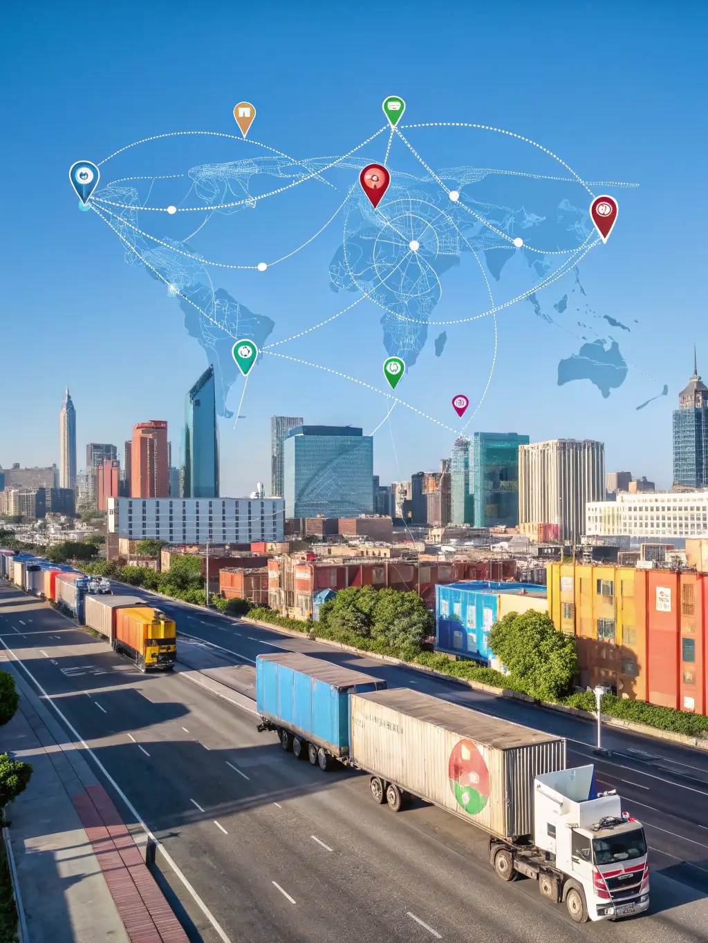 An image showing a fleet of vehicles on a digital map with real-time tracking overlays, highlighting GPS Fleet Management.