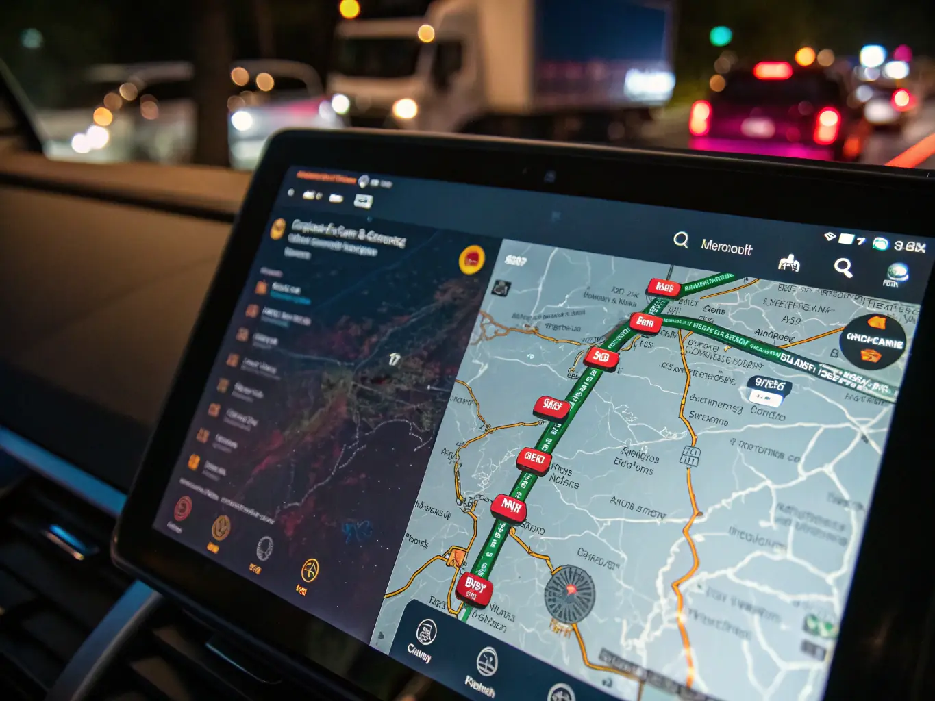 A detailed image of a route optimization interface displaying multiple delivery points on a map with suggested routes. The interface shows traffic conditions, estimated arrival times, and alternative route options. The design should be visually appealing and informative, emphasizing the efficiency of the route generation feature.
