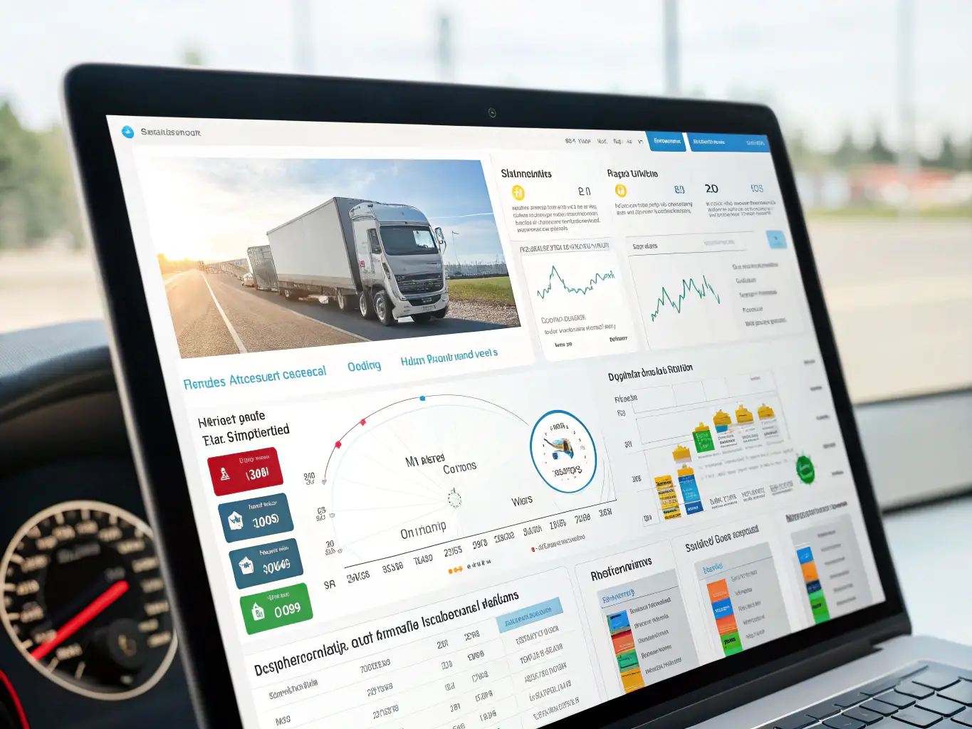 A detailed image showcasing Geoflot's GPS fleet management interface on a desktop computer, displaying real-time vehicle locations on a map with various data points such as speed, direction, and status. The interface should look modern and user-friendly, emphasizing the clarity and accessibility of the information.