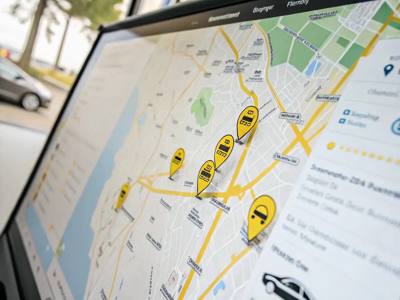 A detailed image of a GPS tracking interface showing real-time vehicle locations on a map, highlighting the precision and accuracy of Geoflot's fleet management solution.